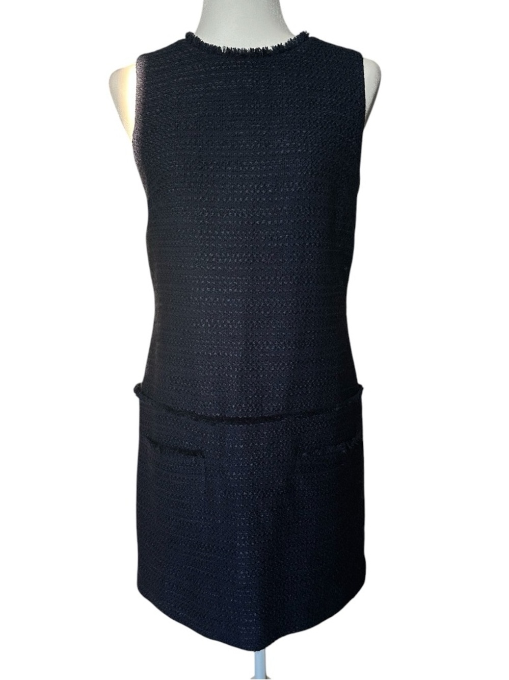 Sail to Sable Navy Blue Tweed Quiet Luxury Career Sleeveless Shift Dress 4